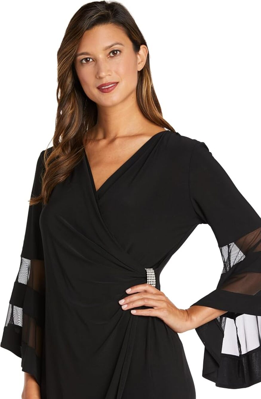 R&M Richards Dress Statement Sleeve Bell Faux Wrap Sheer Witchy Whimsy NEW Sz 14